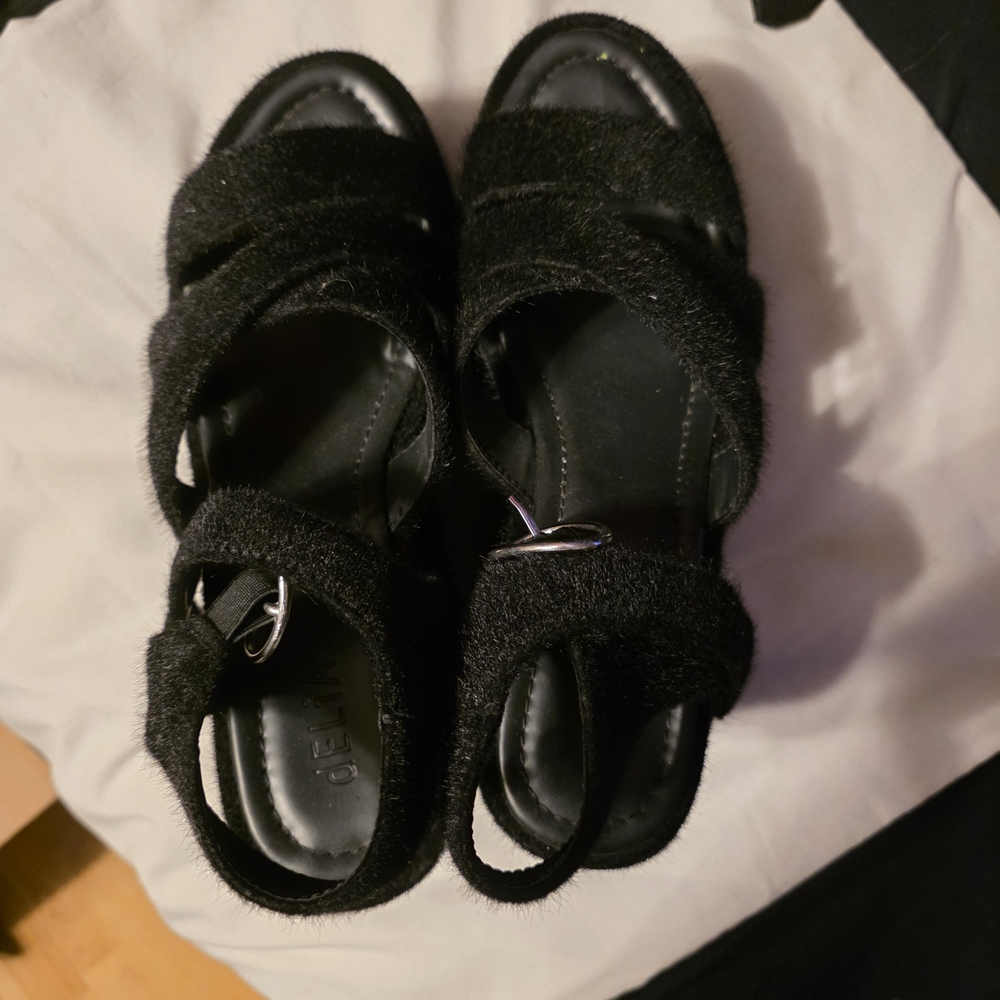 dELiA*s Black Fuzzy Super High Platforn Sandles